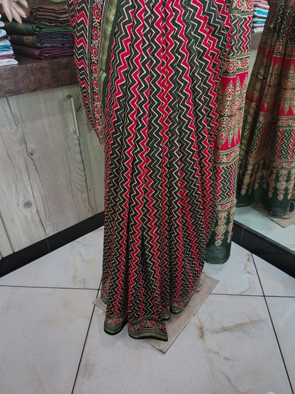JL26A075 Green and Red Pure Hand Block Printed Chanderi Silk Saree