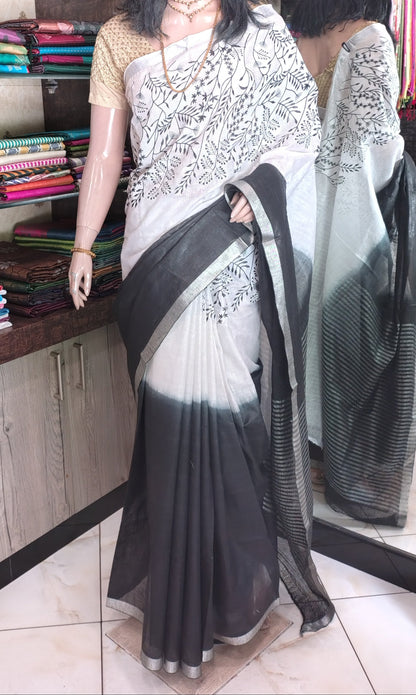 JL26A059 Black and White Pure Handloom Linen Embroidered Saree