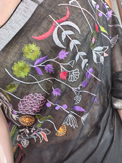 JL26A054 Black Pure Handloom Linen Embroidered Saree