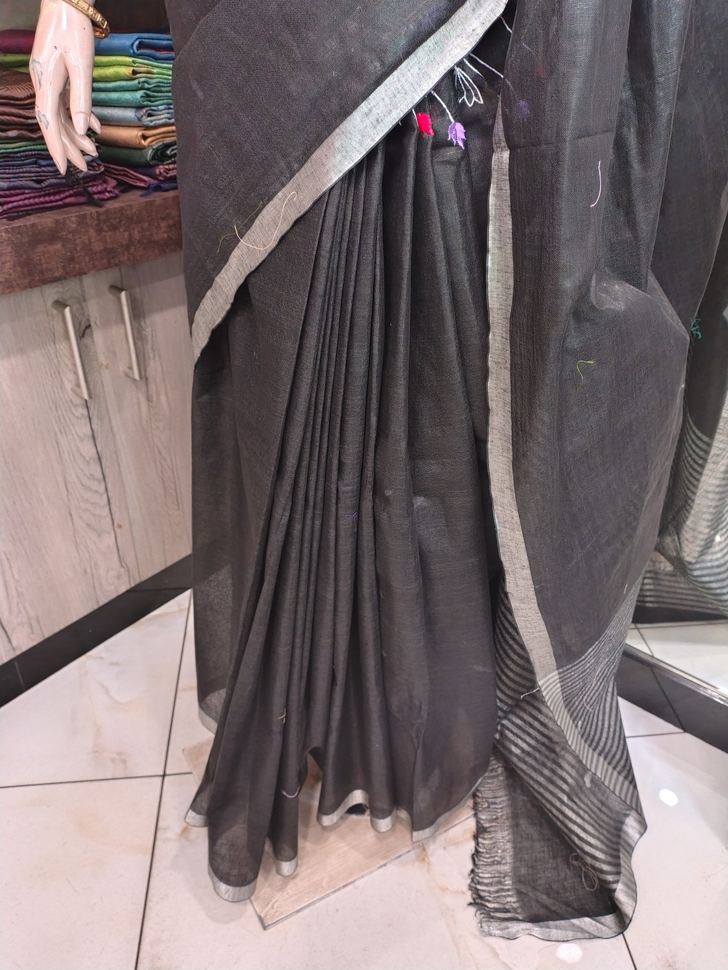 JL26A054 Black Pure Handloom Linen Embroidered Saree