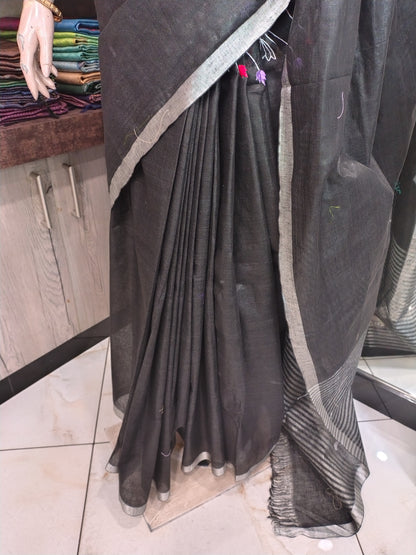 JL26A054 Black Pure Handloom Linen Embroidered Saree