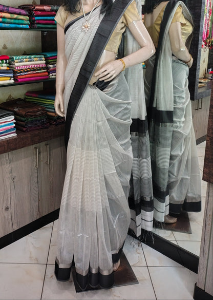 JL26A130 White and Black Pure Handloom Maheshwari Silk Saree
