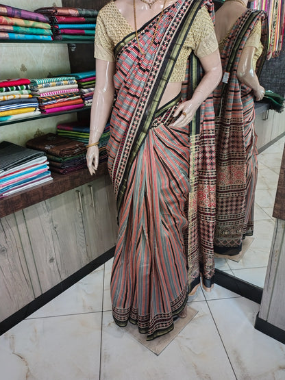 JL26A071 Gray and Red Pure Hand Block Printed Chanderi Silk Saree