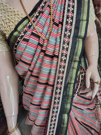 JL26A071 Gray and Red Pure Hand Block Printed Chanderi Silk Saree
