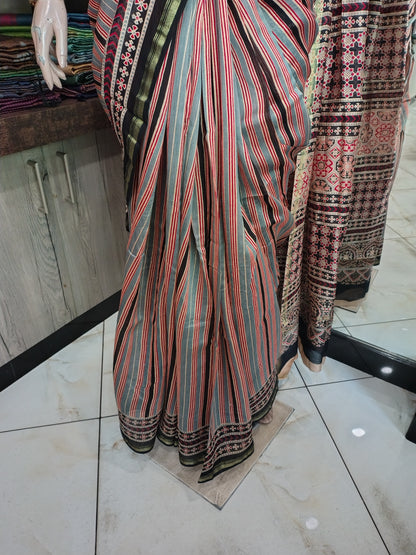 JL26A071 Gray and Red Pure Hand Block Printed Chanderi Silk Saree