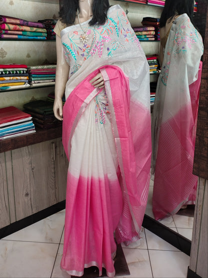 JL26A061 Pink and White Pure Handloom Linen Embroidered Saree