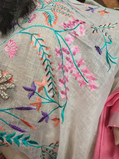 JL26A061 Pink and White Pure Handloom Linen Embroidered Saree