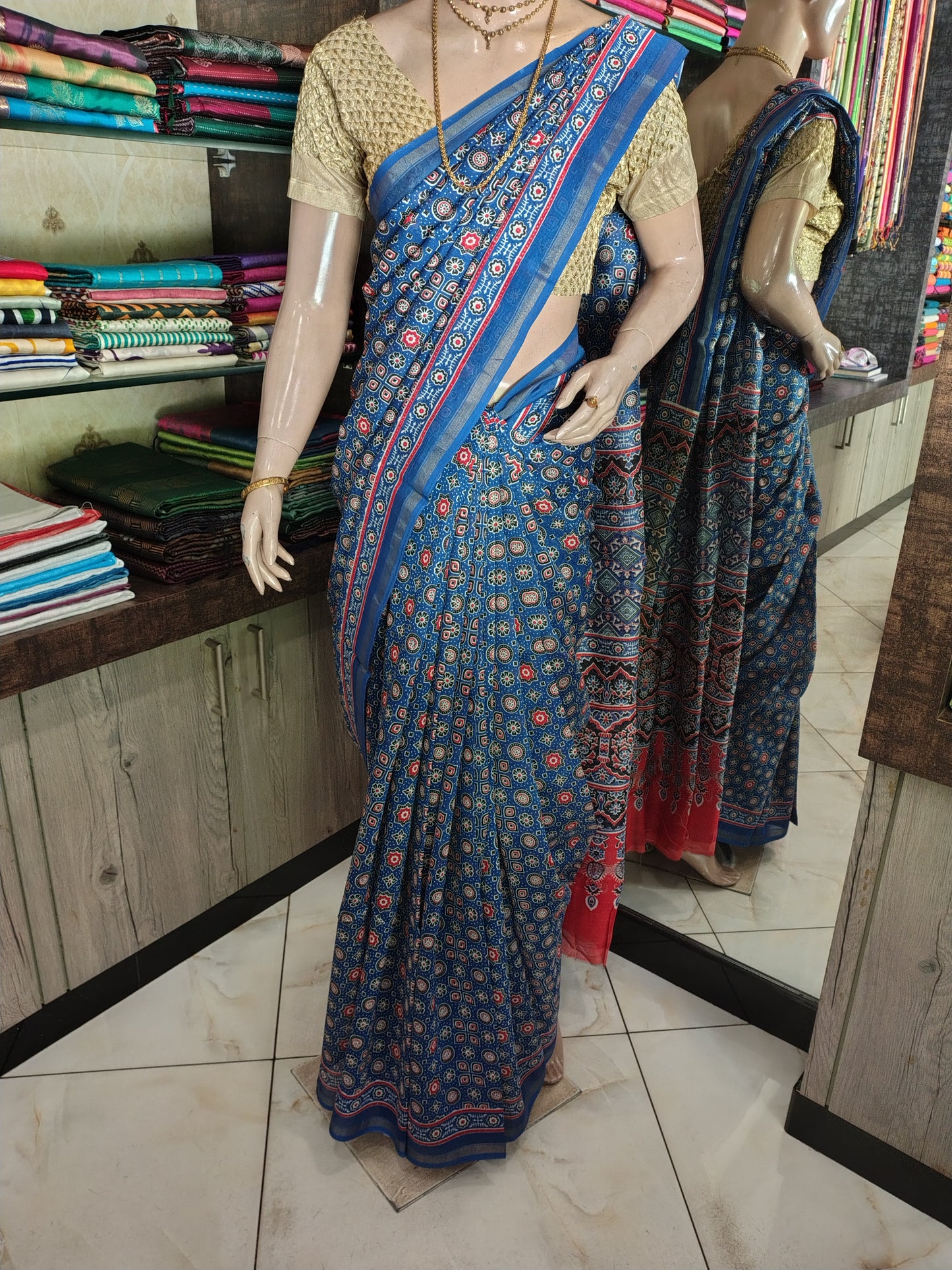 D24A024 Blue Pure Hand Block Printed Chanderi Silk Saree