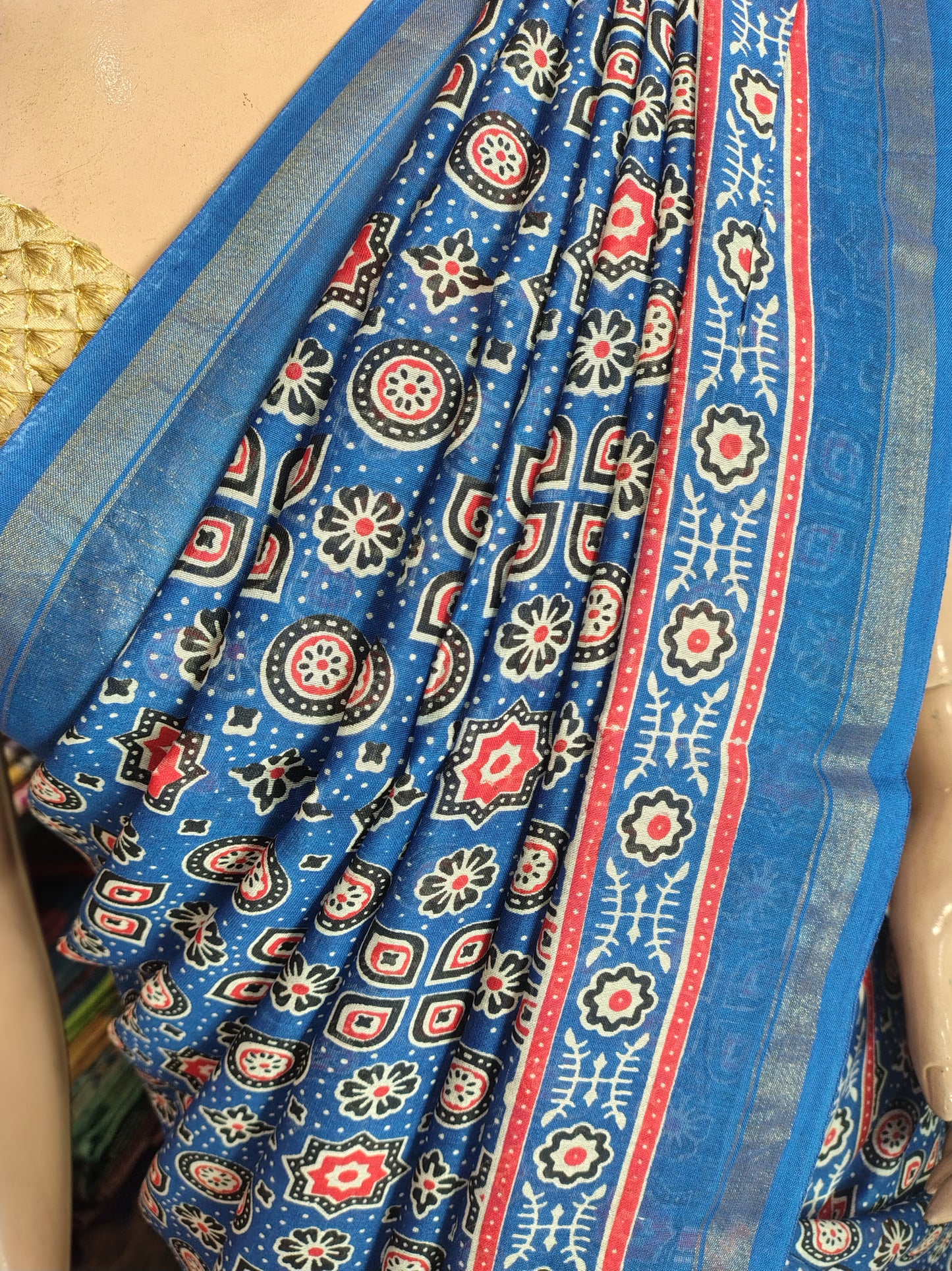 D24A024 Blue Pure Hand Block Printed Chanderi Silk Saree