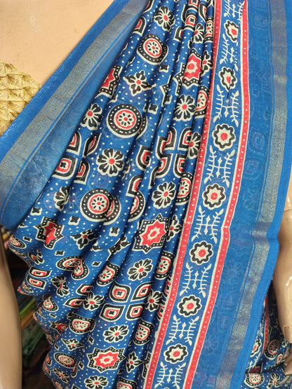 D24A024 Blue Pure Hand Block Printed Chanderi Silk Saree