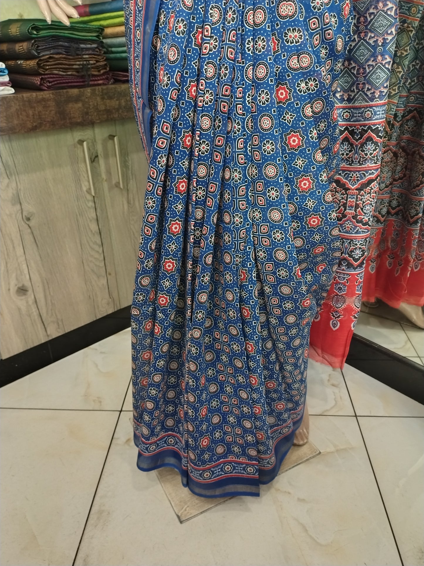 D24A024 Blue Pure Hand Block Printed Chanderi Silk Saree