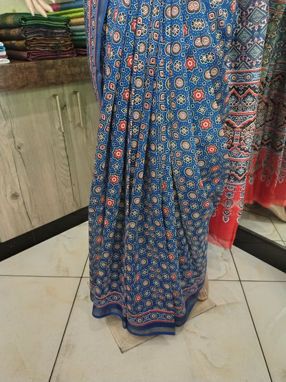 D24A024 Blue Pure Hand Block Printed Chanderi Silk Saree
