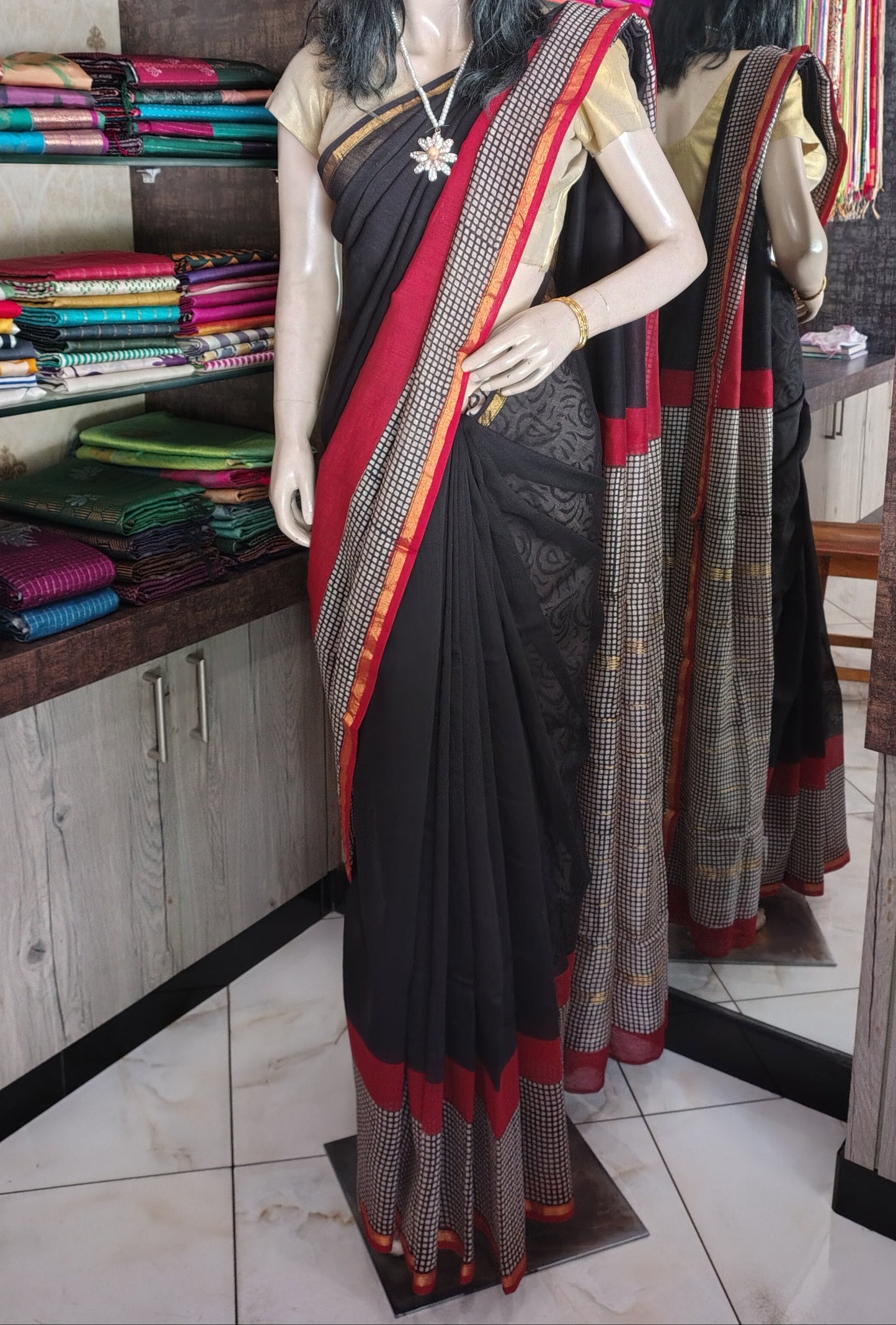 AU26A049 Black Pure Hand Block Printed Chanderi Silk Saree