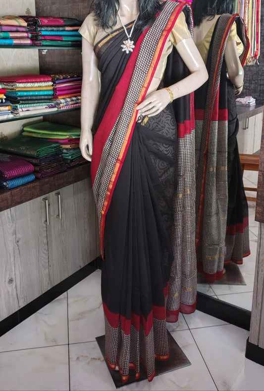 AU26A049 Black Pure Hand Block Printed Chanderi Silk Saree