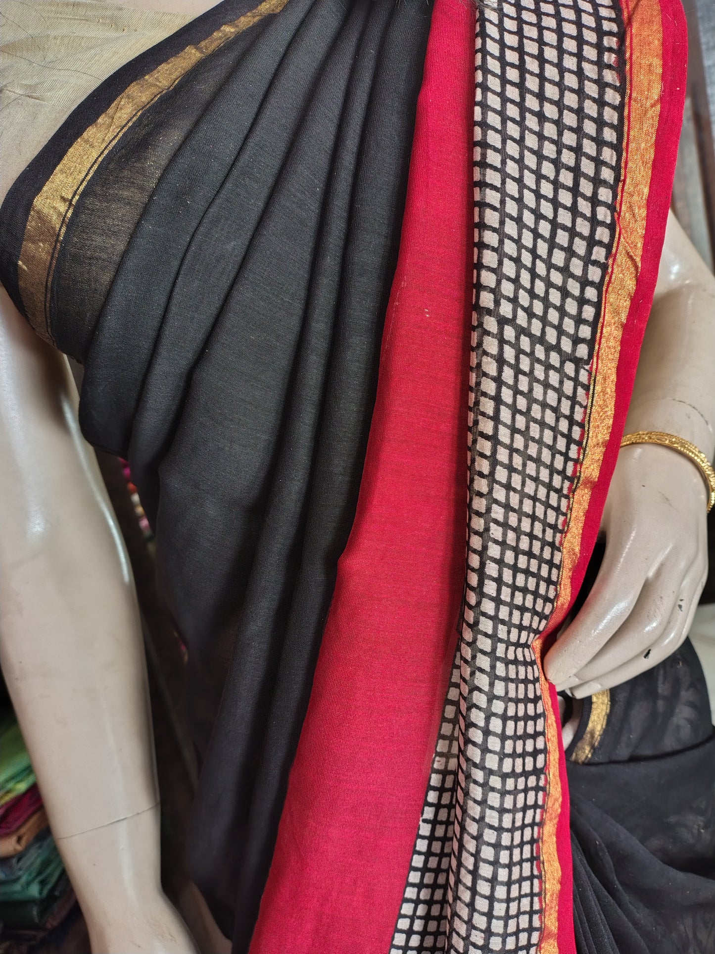 AU26A049 Black Pure Hand Block Printed Chanderi Silk Saree