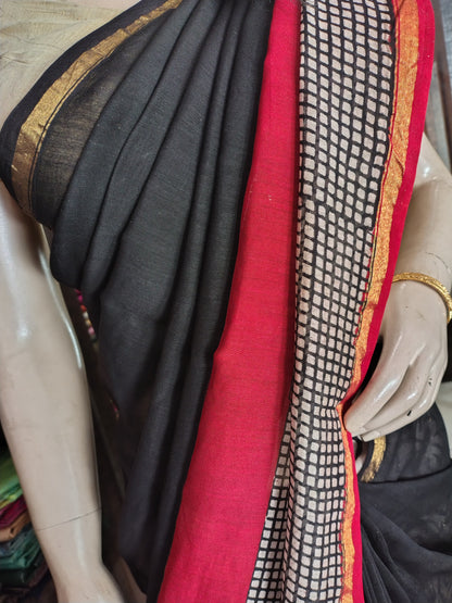 AU26A049 Black Pure Hand Block Printed Chanderi Silk Saree