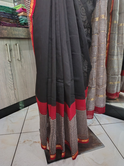 AU26A049 Black Pure Hand Block Printed Chanderi Silk Saree
