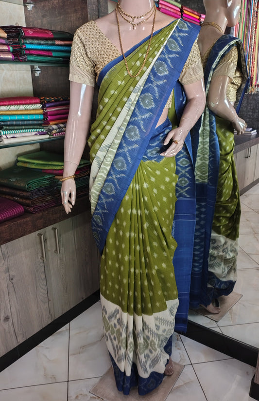 AU26A045 Green Handloom Pochampally Ikkat Mercerized Cotton Saree