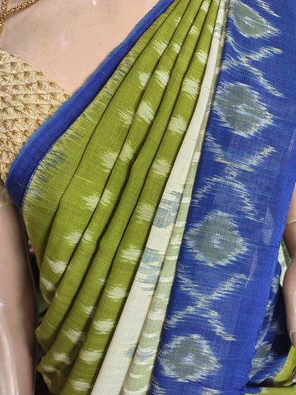 AU26A045 Green Handloom Pochampally Ikkat Mercerized Cotton Saree