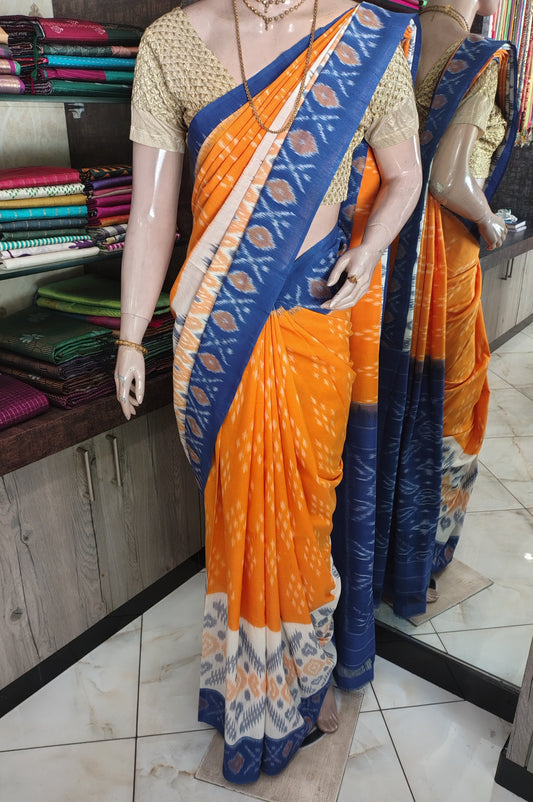 AU26A044 Orange Blue Handloom Pochampally Ikkat Mercerized Cotton Saree