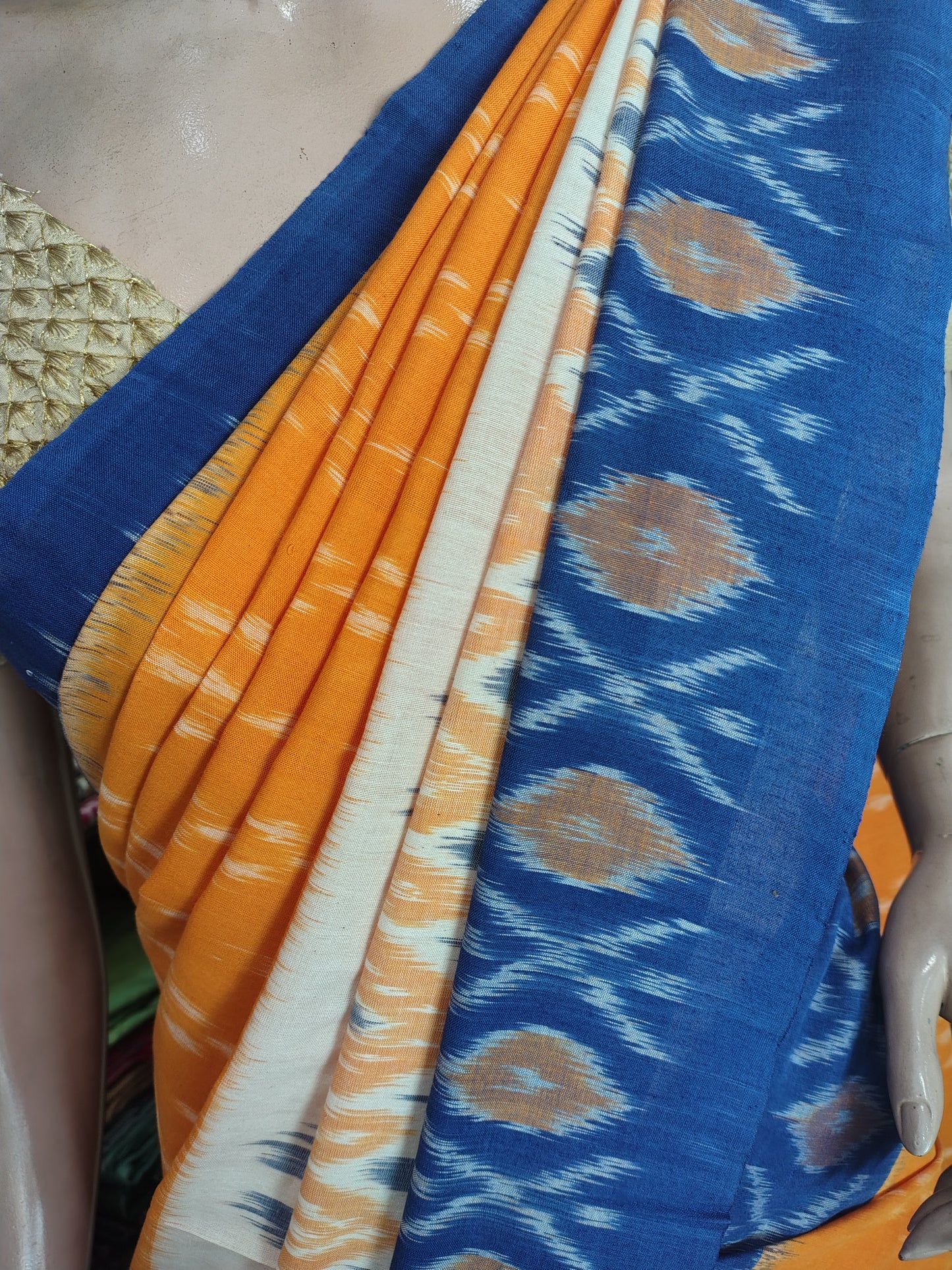 AU26A044 Orange Blue Handloom Pochampally Ikkat Mercerized Cotton Saree