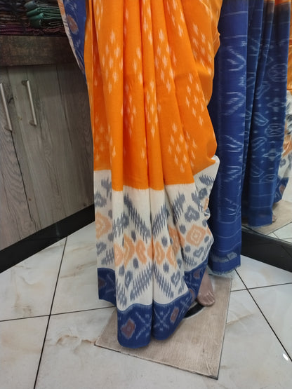 AU26A044 Orange Blue Handloom Pochampally Ikkat Mercerized Cotton Saree