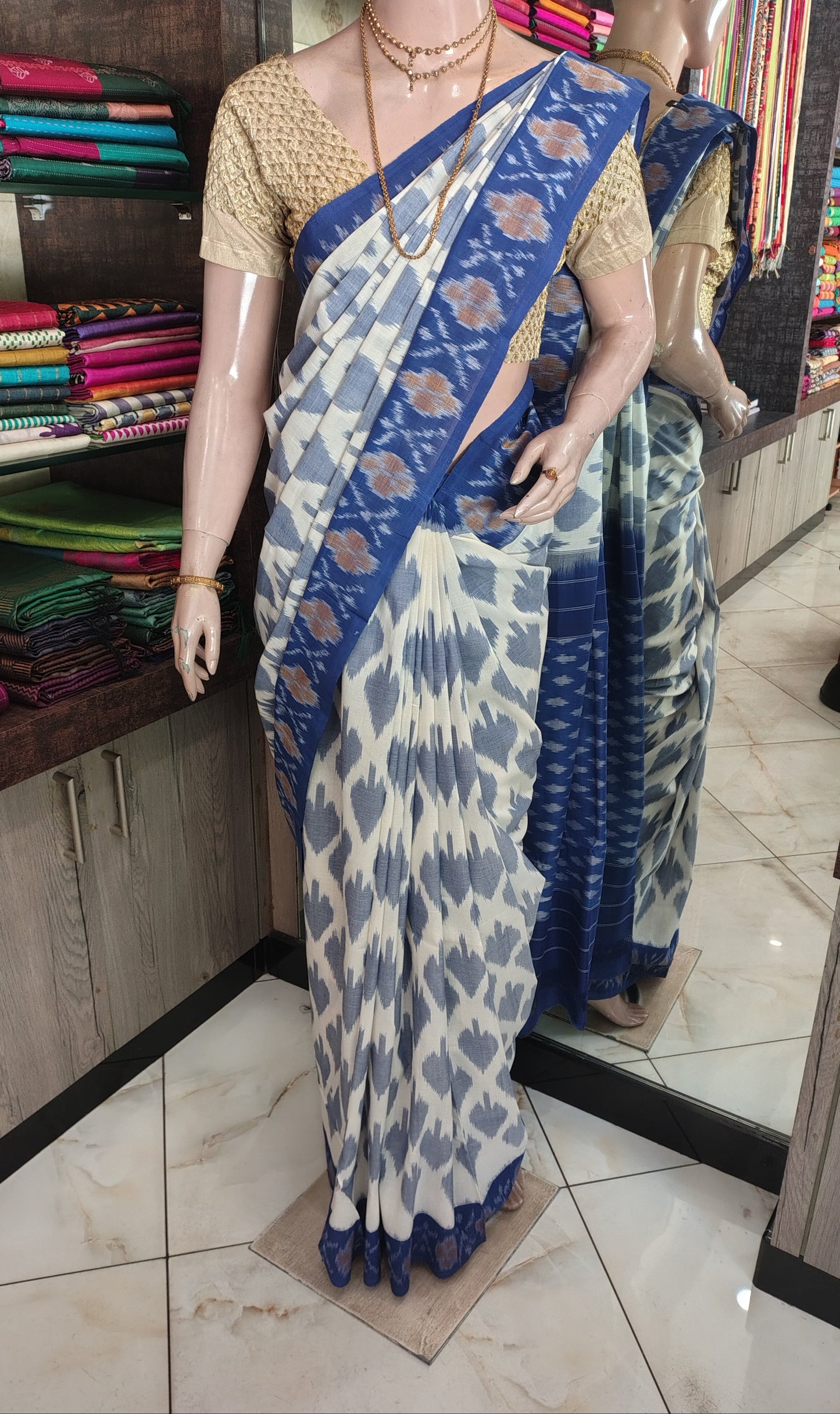 AU26A047 White Blue Handloom Pochampally Ikkat Mercerized Cotton Saree