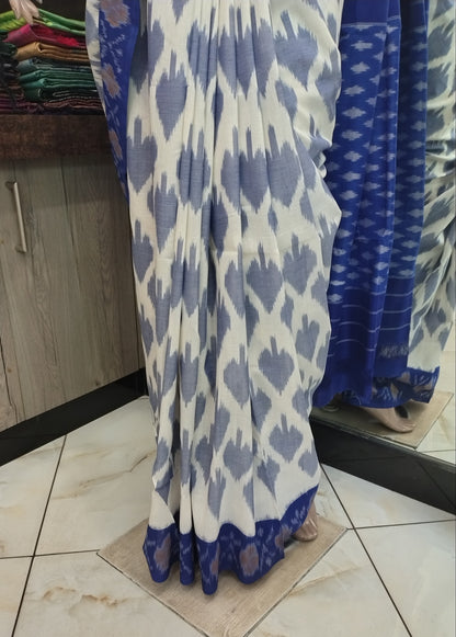 AU26A047 White Blue Handloom Pochampally Ikkat Mercerized Cotton Saree