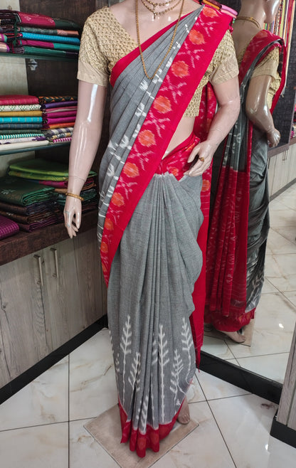 AU26A046 Gray Red Handloom Pochampally Ikkat Mercerized Cotton Saree