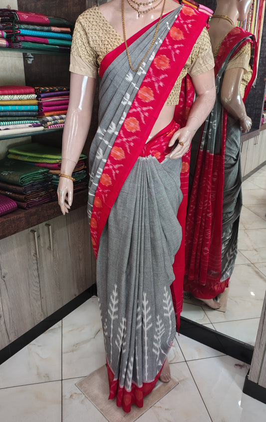 AU26A046 Gray Red Handloom Pochampally Ikkat Mercerized Cotton Saree