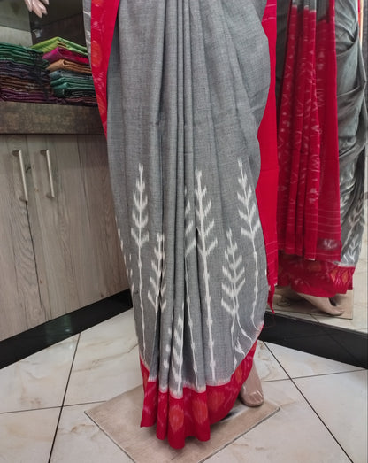 AU26A046 Gray Red Handloom Pochampally Ikkat Mercerized Cotton Saree