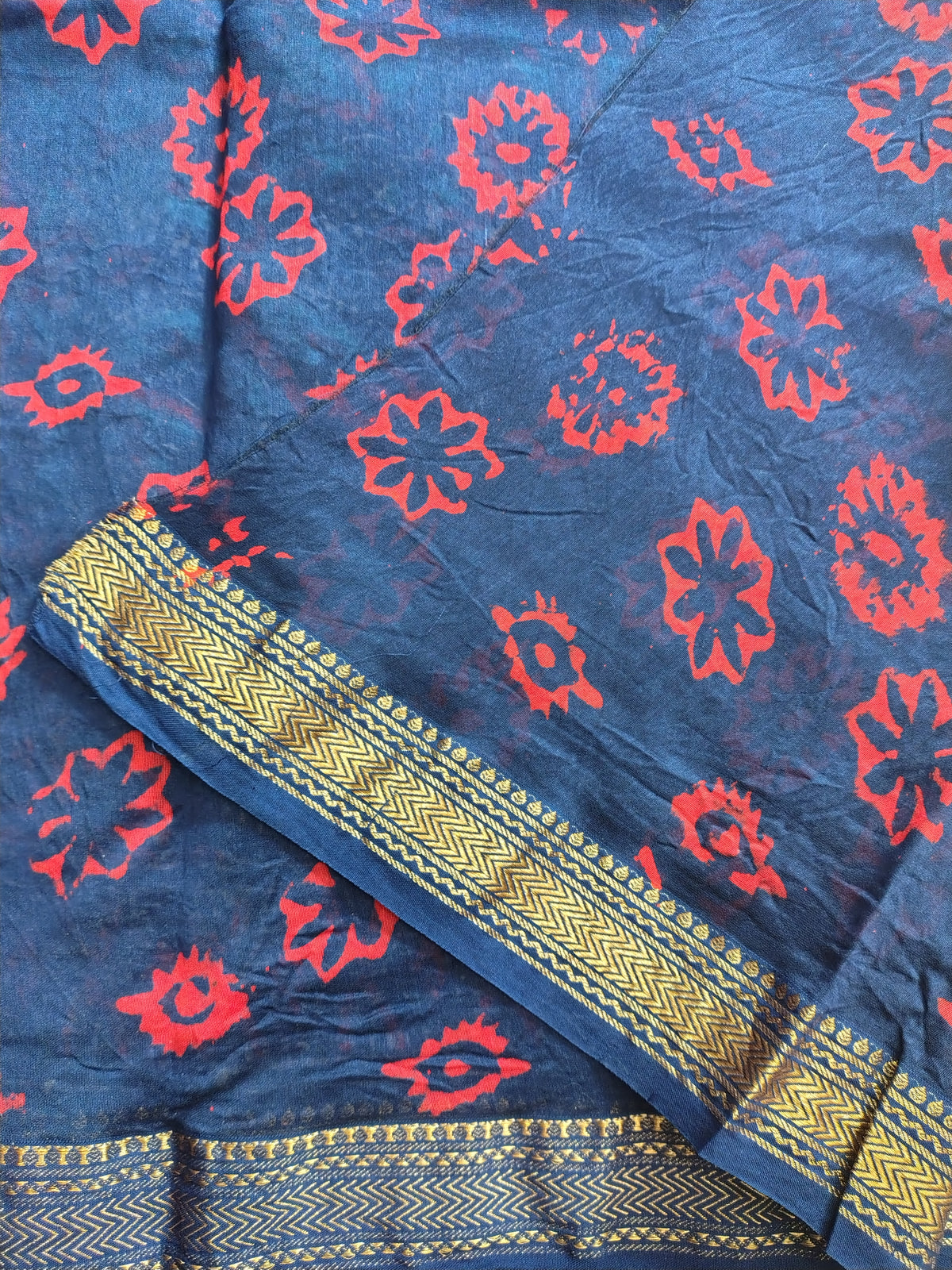 AU26A060 Blue Pure Hand Block Printed Chanderi Silk Saree
