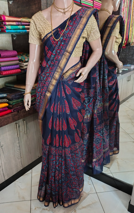 AU26A060 Blue Pure Hand Block Printed Chanderi Silk Saree