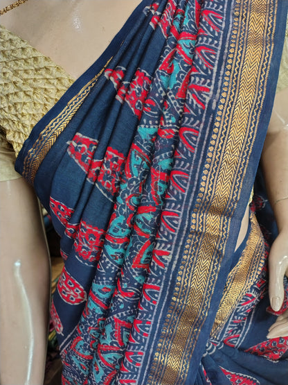AU26A060 Blue Pure Hand Block Printed Chanderi Silk Saree