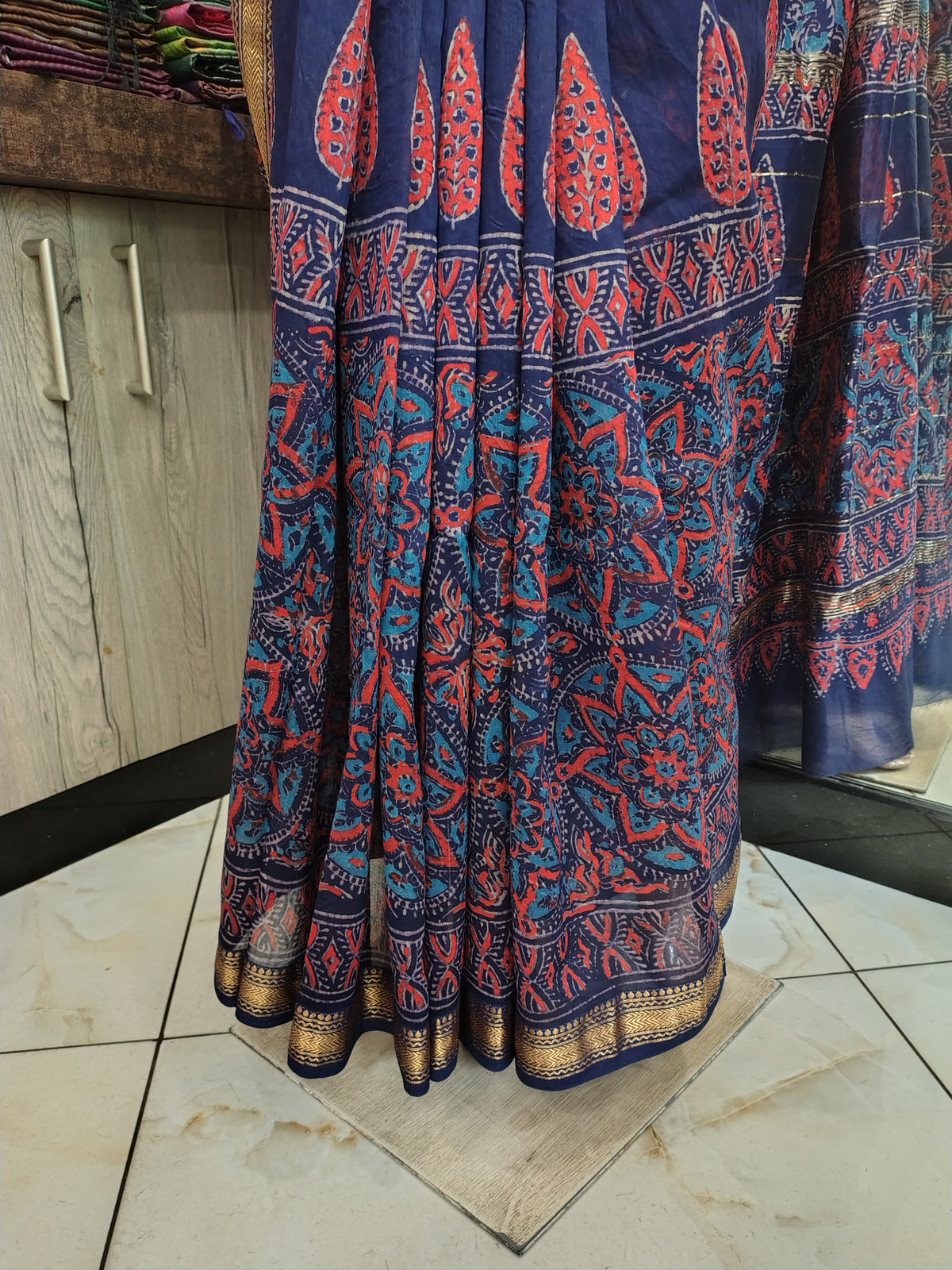 AU26A060 Blue Pure Hand Block Printed Chanderi Silk Saree