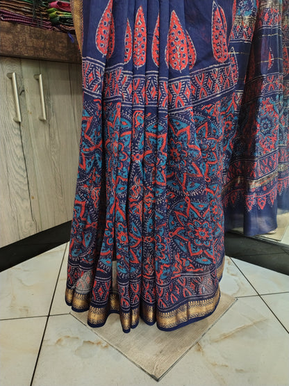 AU26A060 Blue Pure Hand Block Printed Chanderi Silk Saree