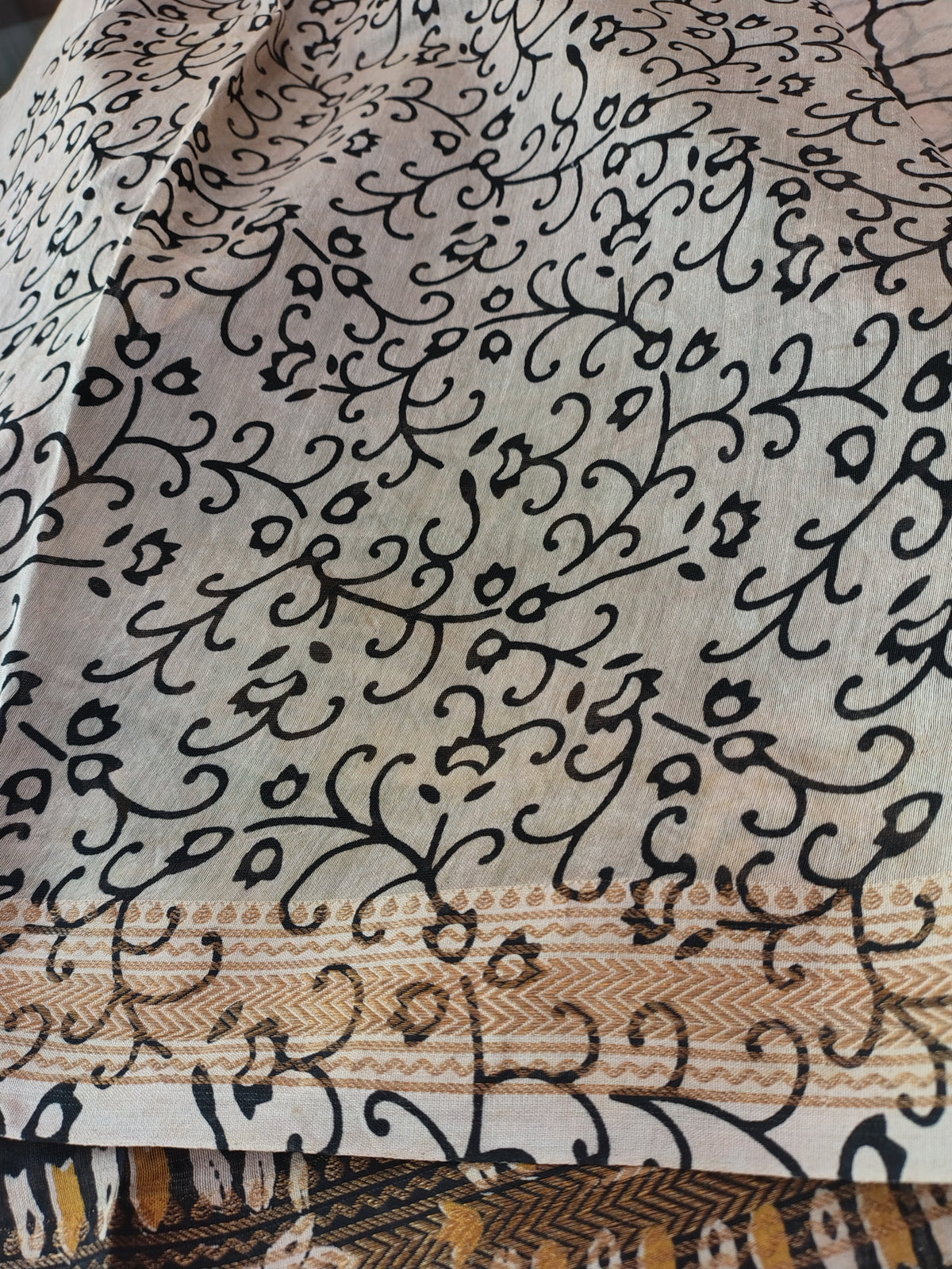 AU26A056 White and Black Pure Hand Block Printed Chanderi Silk Saree