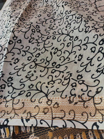 AU26A056 White and Black Pure Hand Block Printed Chanderi Silk Saree