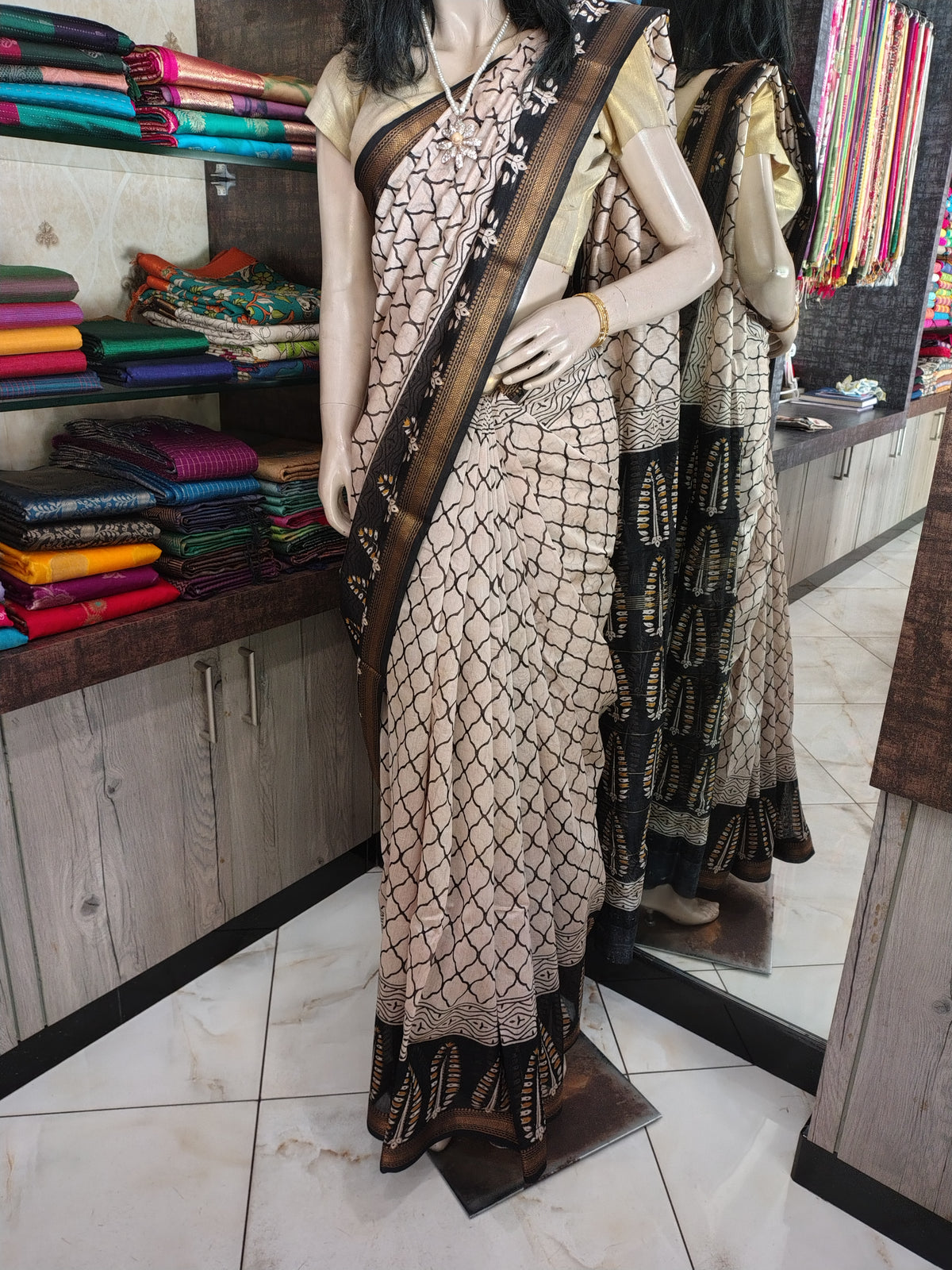 AU26A056 White and Black Pure Hand Block Printed Chanderi Silk Saree