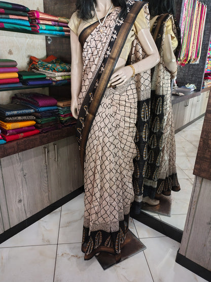 AU26A056 White and Black Pure Hand Block Printed Chanderi Silk Saree