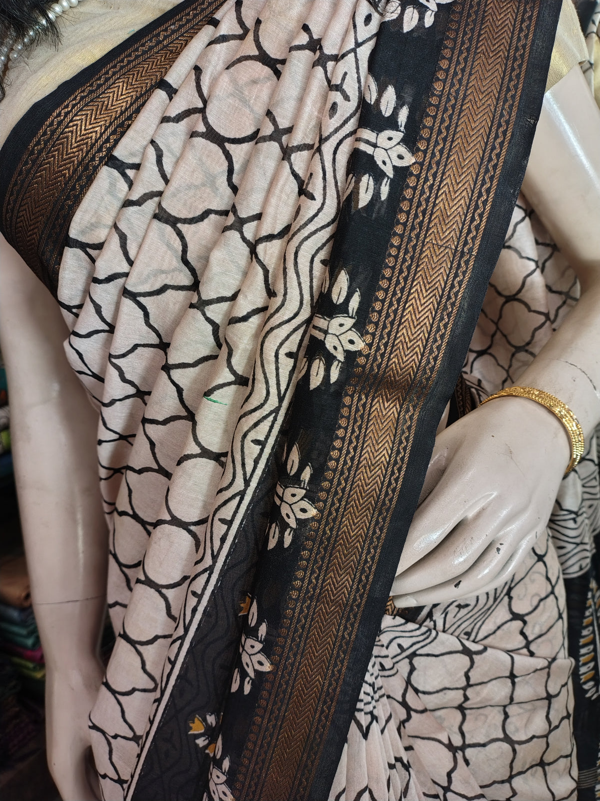 AU26A056 White and Black Pure Hand Block Printed Chanderi Silk Saree