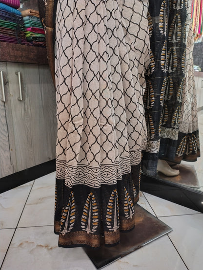 AU26A056 White and Black Pure Hand Block Printed Chanderi Silk Saree