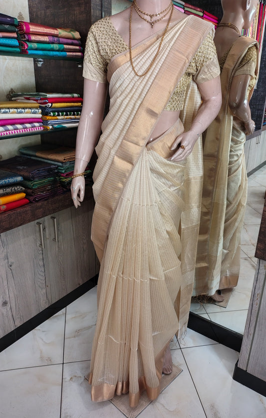 AU26A012 Beige and Gold Pure Handloom Maheshwari Silk Saree