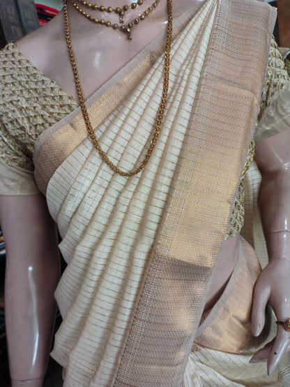 AU26A012 Beige and Gold Pure Handloom Maheshwari Silk Saree