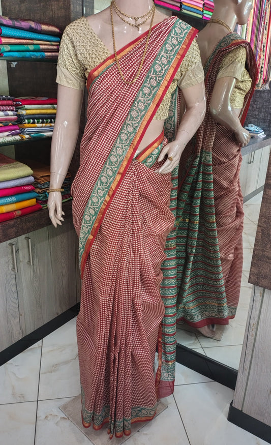 AU26A052 Red Pure Hand Block Printed Chanderi Silk Saree