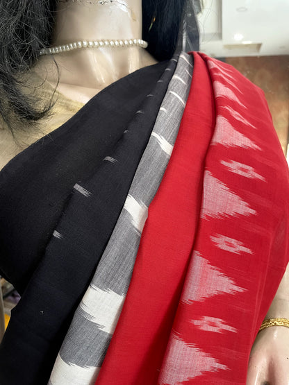 JA25A002 Black Red Handloom Pochampally Ikkat Mercerized Cotton Saree