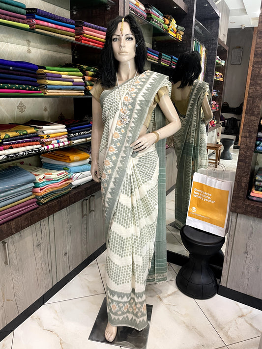 JA25A003 White Grey Handloom Pochampally Ikkat Mercerized Cotton Saree