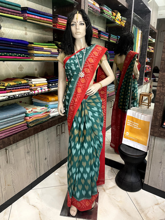 JA25A004 Green Red Handloom Pochampally Ikkat Mercerized Cotton Saree