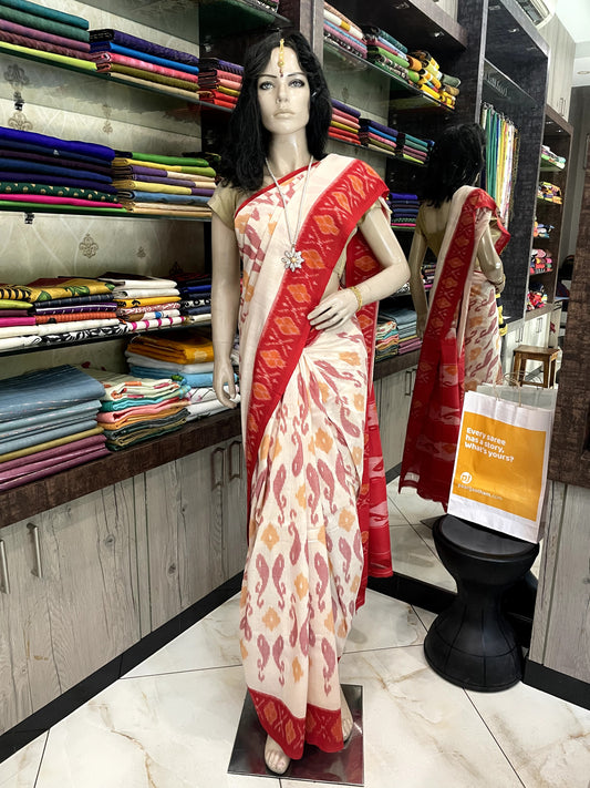 JA25A005 White Red Handloom Pochampally Ikkat Mercerized Cotton Saree