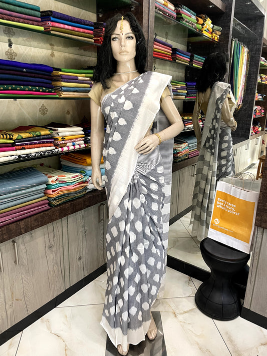 JA25A006 Grey White Handloom Pochampally Ikkat Mercerized Cotton Saree